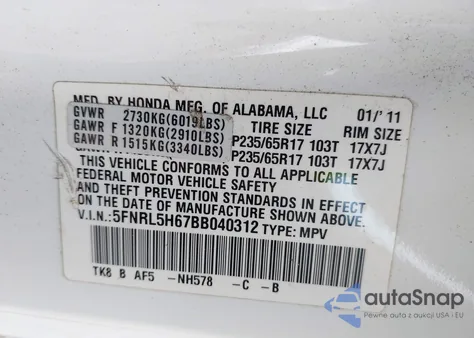 2011 Honda Odyssey Exl z USA, uszkodzony, nr VIN 5FNRL5H67BB040312